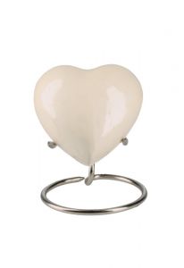 Petite urne cinéraire cœur 'Elegance' blanc aspect nacré (avec support)