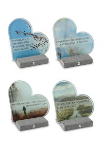 Plaque funéraire coeur en verre avec différents thèmes