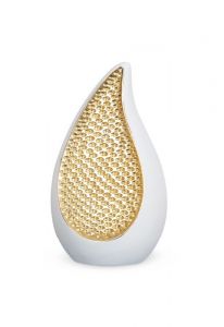 Urne funéraire en forme de goutte en bois de tilleul – blanc et doré