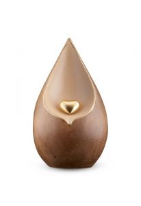 Urne funéraire en forme de goutte avec petit cœur doré en bois de tilleul doublement teinté