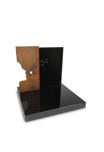 Monument cinéraire Lâcher Prise avec silhouette et pissenlit, granit et acier Corten