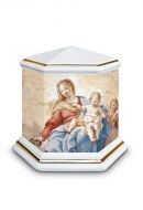 Mini urne pour cendres en porcelaine 'Esagono' | Notre-Dame avec Enfant - bordures dorées
