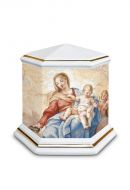 Urne funéraire en porcelaine 'Esagono' | Notre-Dame avec Enfant - bordures dorées