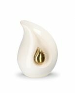 Mini urne funéraire blanche en forme de larme avec petite goutte dorée, différentes tailles