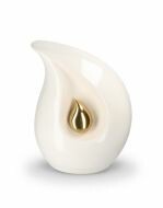 Urne funéraire en céramique blanche en forme de larme avec petite goutte dorée