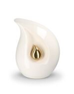 Urne funéraire en céramique blanche en forme de larme avec petite goutte dorée